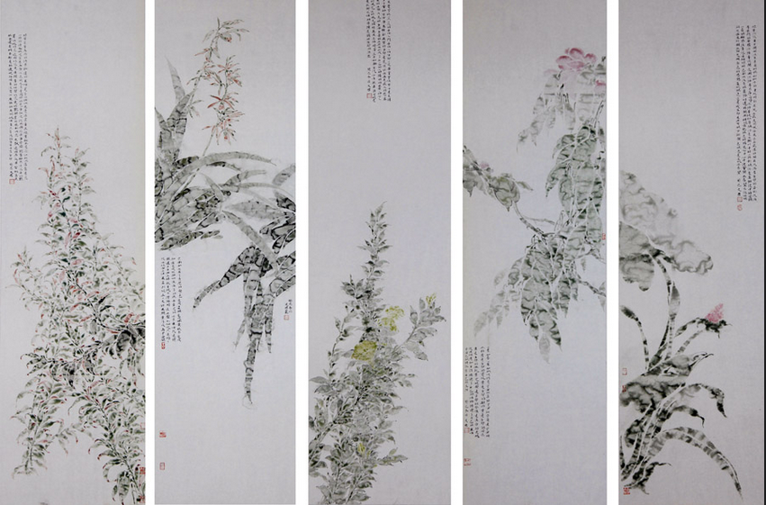 2007级美术学专业楚文君——中国画作品《叶颂五条屏》